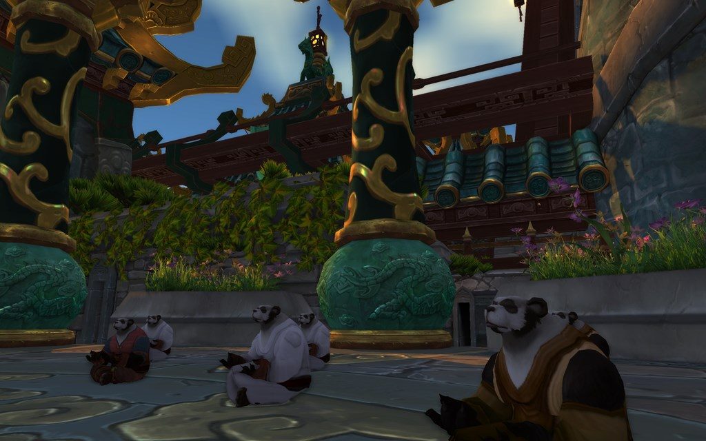 World of Warcraft Meditating Pandaren monks at the Temple of the Jade Serpent