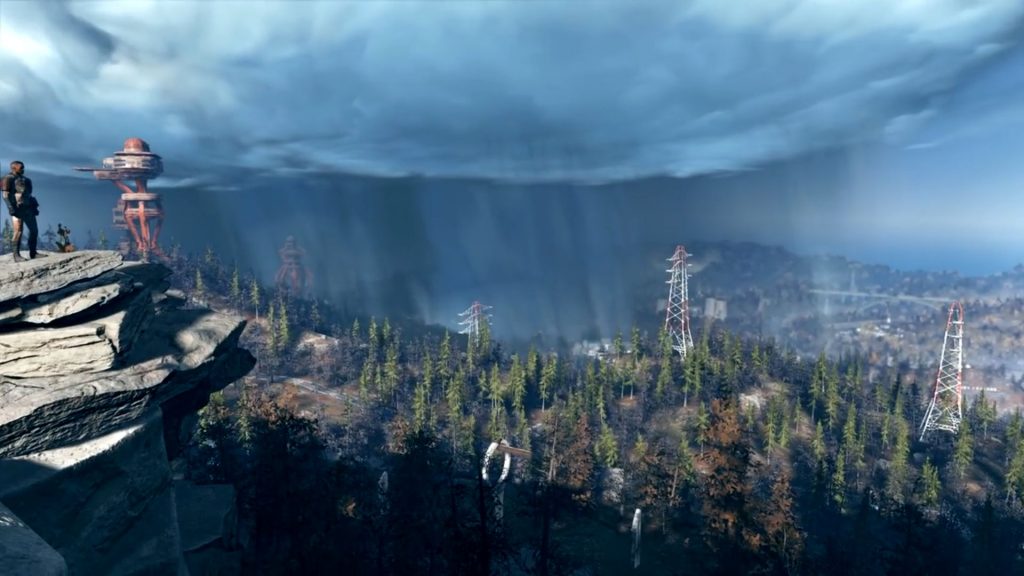 Fallout 76 Gameplay Trailer Screenshot Landschaft mit Strommasten