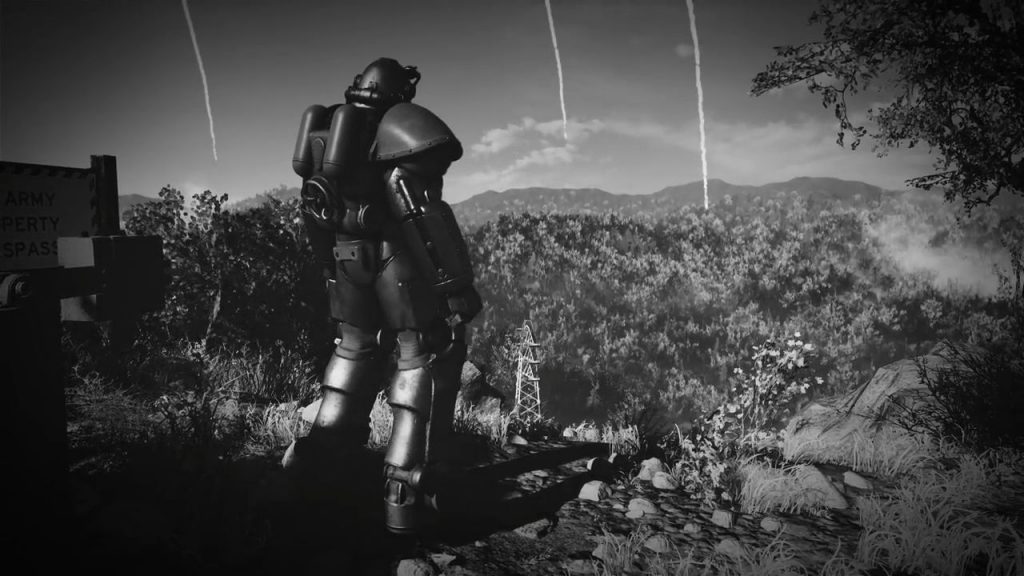 Fallout 76 Schwarz Weiß Raketenregen PowerArmor