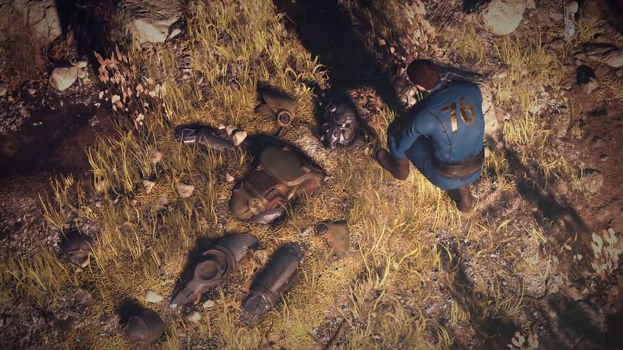Fallout 76 zerstörte Powerarmor mit Mensch 3