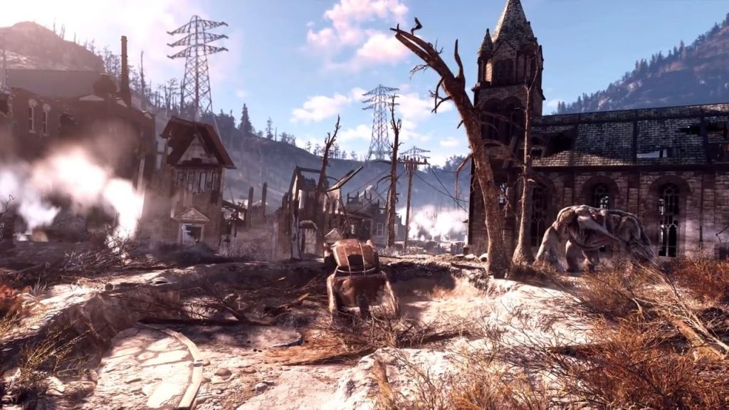 Fallout 76 zerstörte Stadt mit Monster