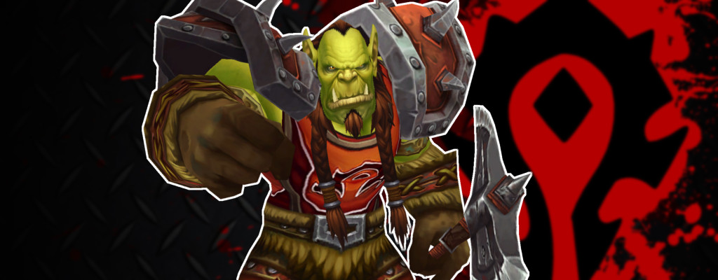 WoW Orc pointing Horde logo title