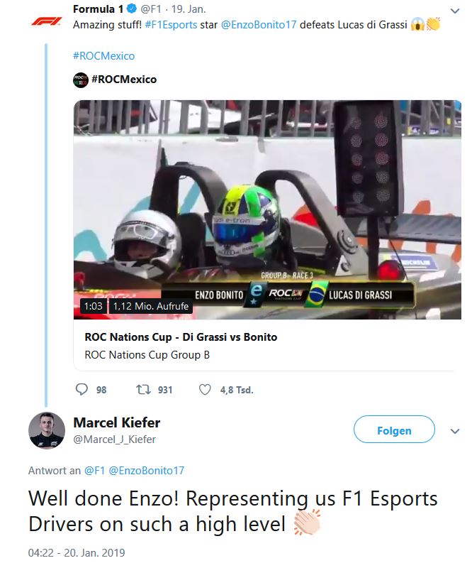 Sim Racing eSports Marcel Kiefer twittert über di grassi und bonito