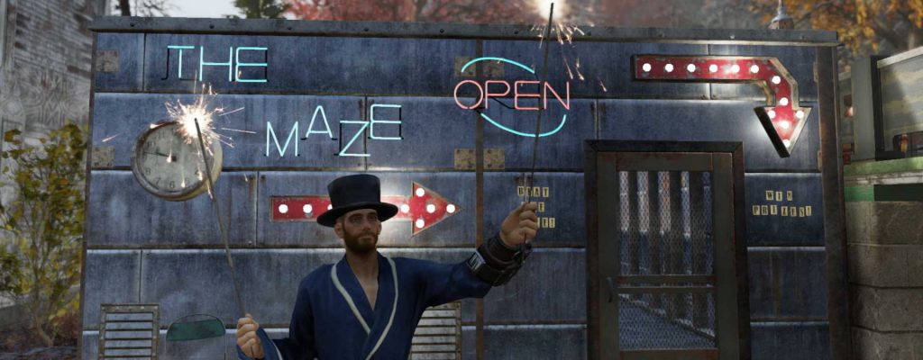 Fallout 76 Typ im bademantel und Zylinder bewirbt ein Labyrinth Titel