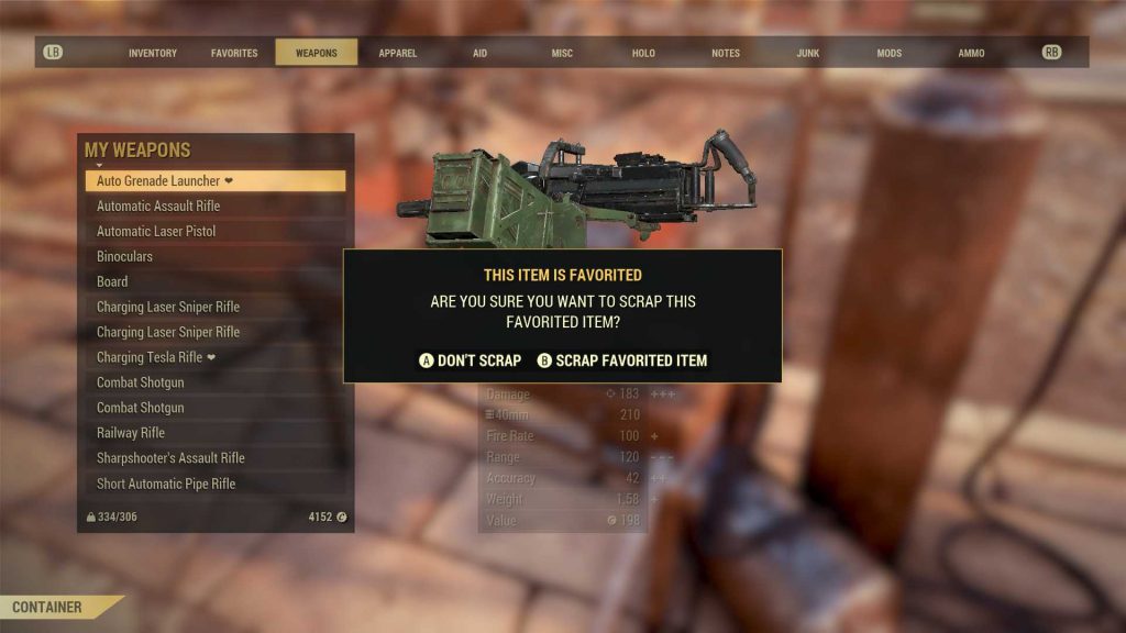 Fallout 76 Abfrage für favorisierte Waffen