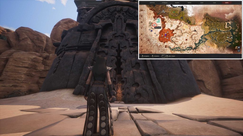 Conan Exiles Eingang zum Warmaker Sanctuary in der Wüste mit Karte