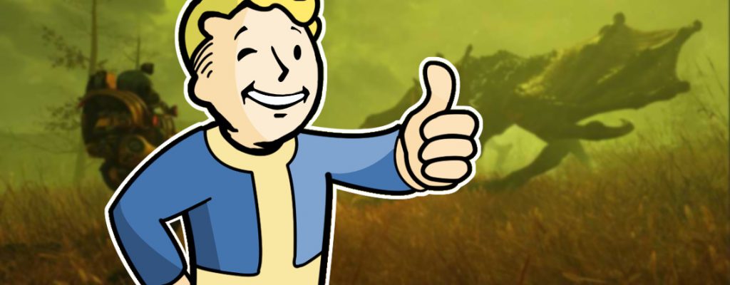 Fallout 76 Power Armor bekämpft Brandbestie Titel Vault Boy findet das gut