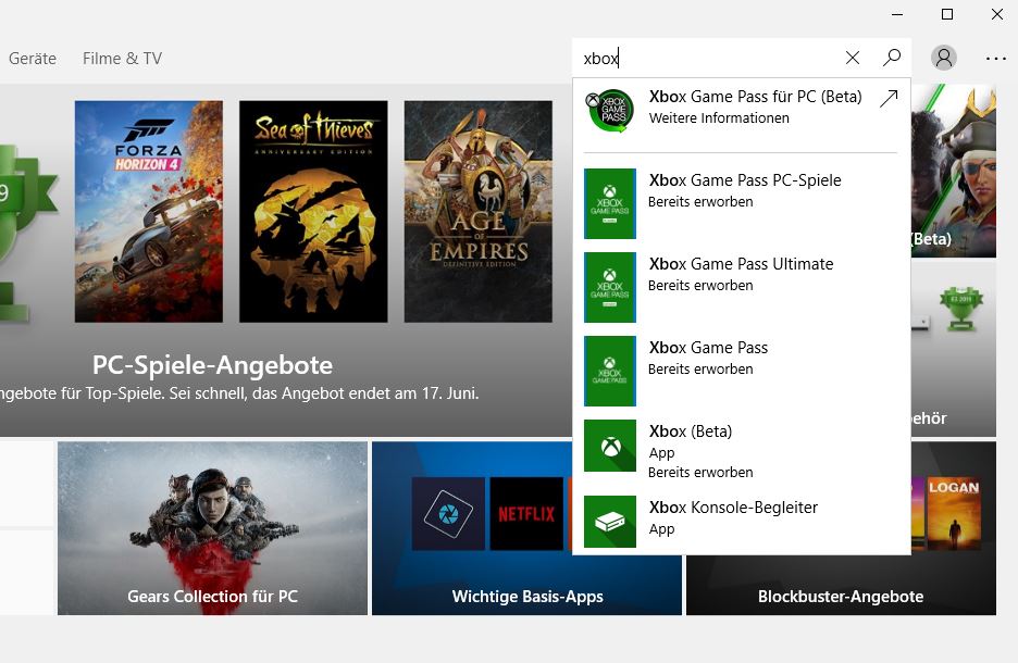 Xbox App Suche
