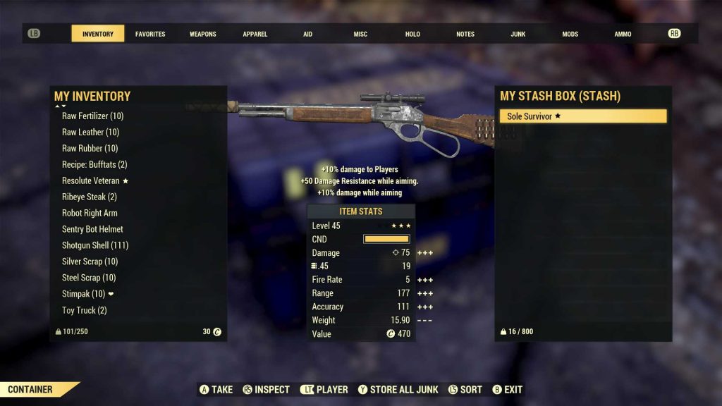 Fallout 76 legendäre Gegenstände in der Vorschau mit Attributen