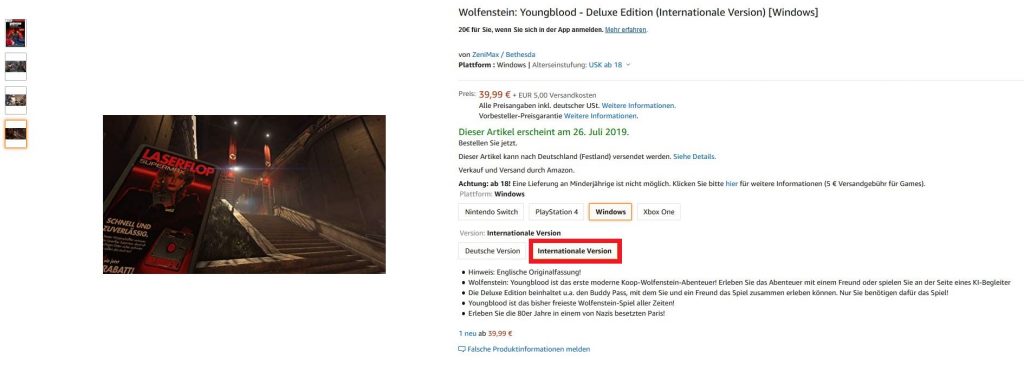 Wolfenstein Youngblood Internationale Edition auf Amazon