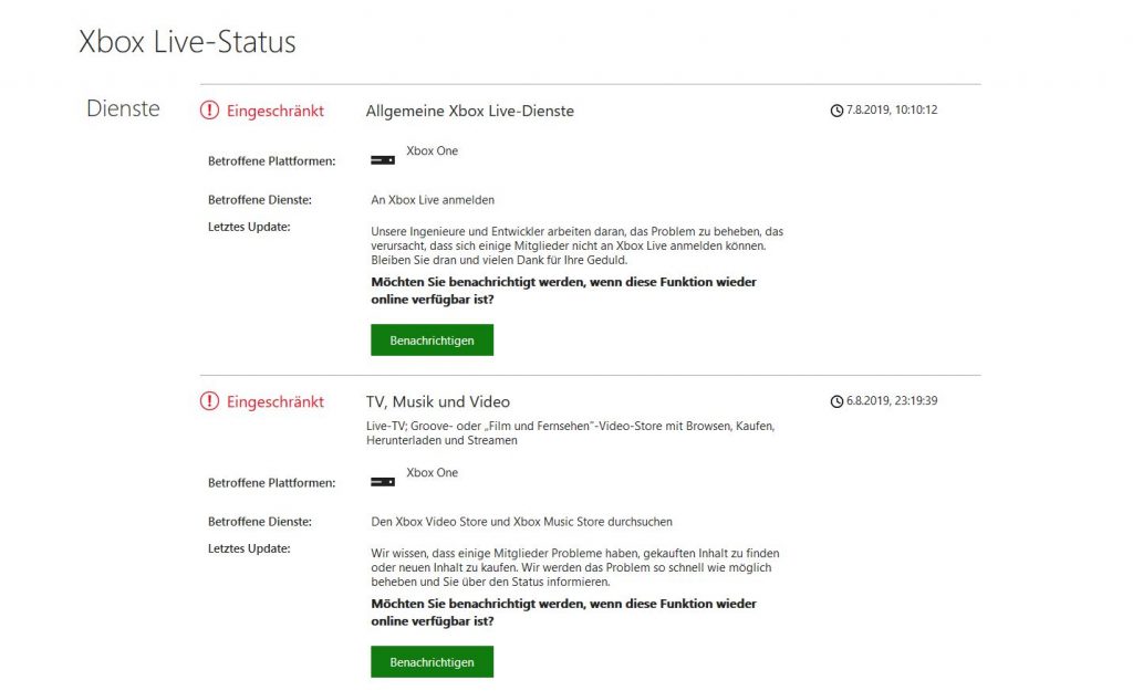 Xbox Live Status August 19