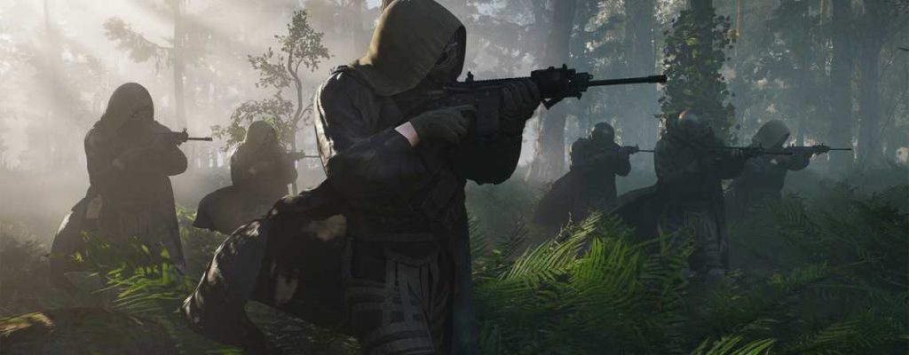 Ghost Recon Breakpoint Wolves durchschreiten einen Wald mit Waffen Titel
