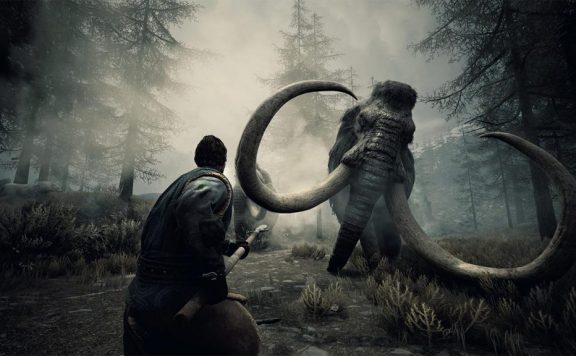 Ein Barbar kämpft im eisigen Norden gegen ein Mammut