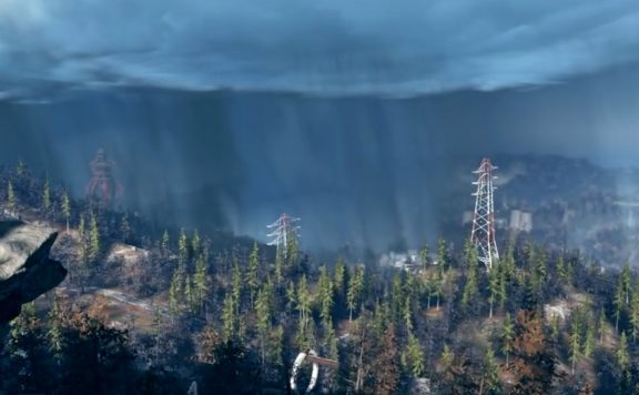 Fallout 76 Gameplay Trailer Screenshot Landschaft mit Strommasten Titel