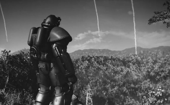 Fallout 76 Schwarz Weiß Raketenregen PowerArmor Titel