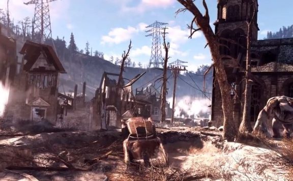 Fallout 76 zerstörte Stadt mit Monster Titel