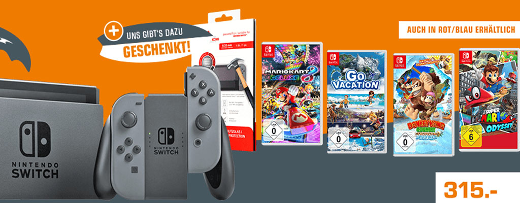 Nintendo Switch im Bundle mit einem Spiel und einer Schutzfolie für 315 Euro