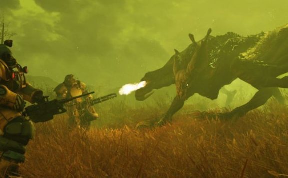 Fallout 76 Power Armor bekämpft Brandbestie Titel