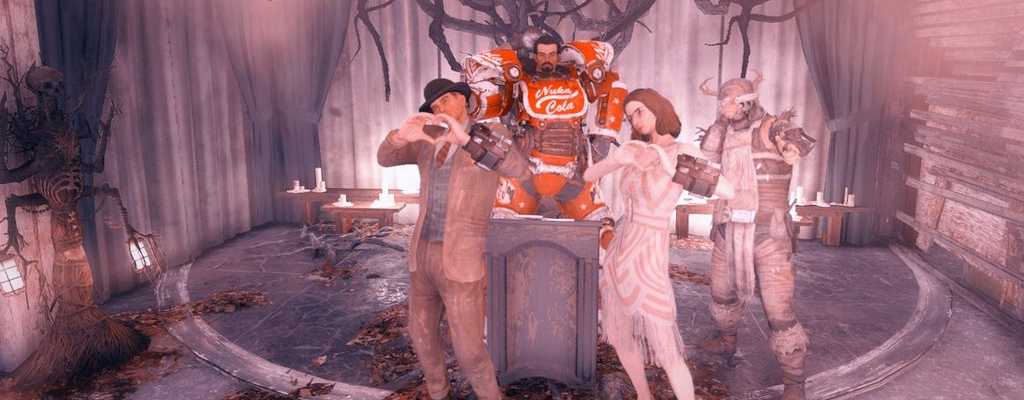 Fallout 76: A couple celebrates their wedding in the Mothman church