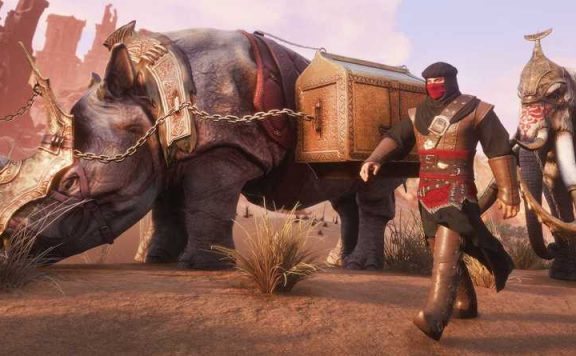 Conan Exiles Turan DLC Elefanten und Nashorn Karawane Titel