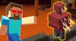 Minecraft Strider Steve hearts in eye titel 1140x445