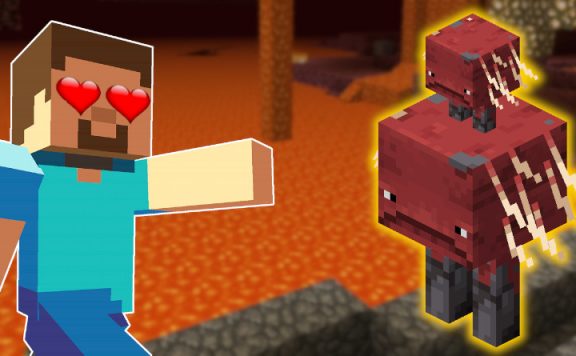 Minecraft Strider Steve hearts in eye titel 1140x445