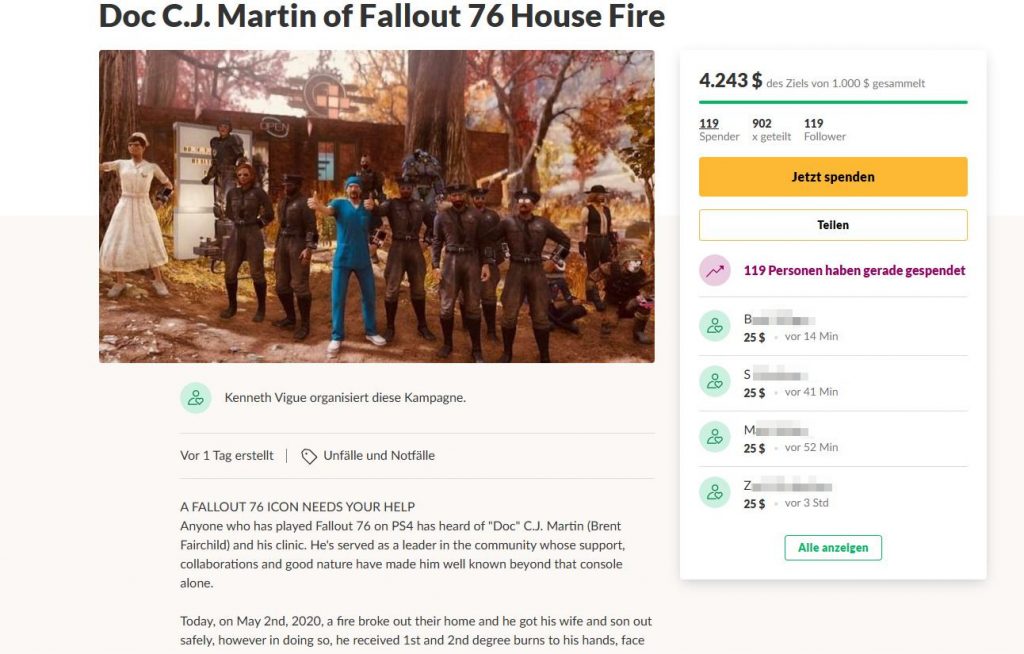 Fallout 76 Feuer GoFundMe