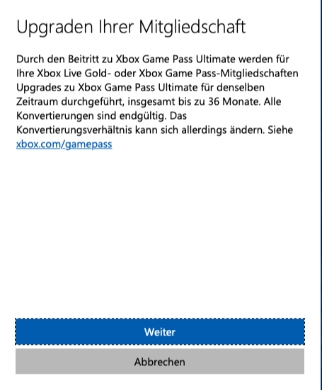 Xbox Game Pass Ultimate Upgrade Hinweis