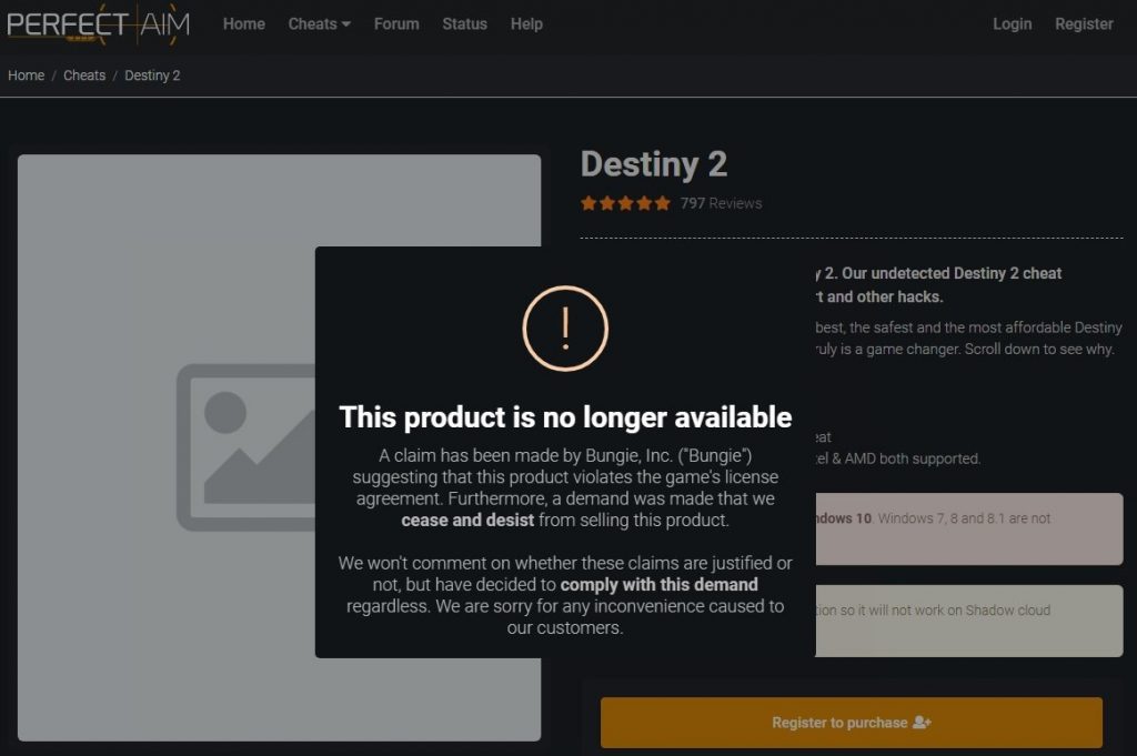 Perfect Aim Cheat Seller unterstützt Destiny 2 nicht länger