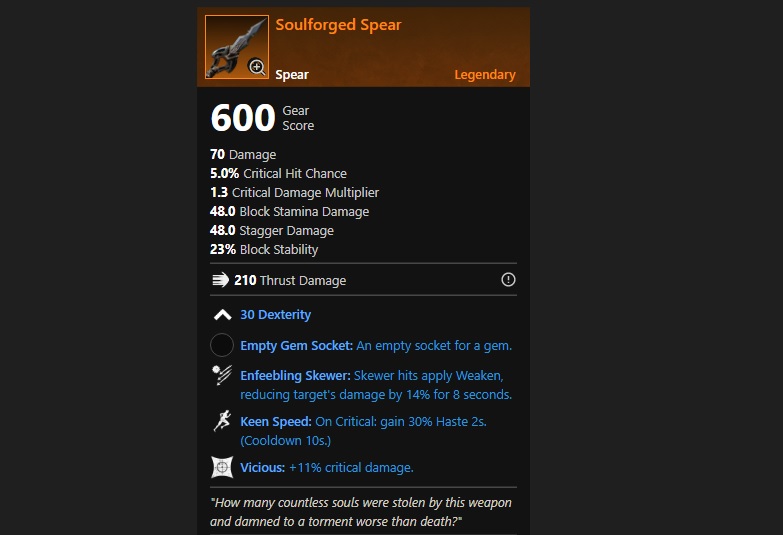New World Legendary Soulforged Spear
