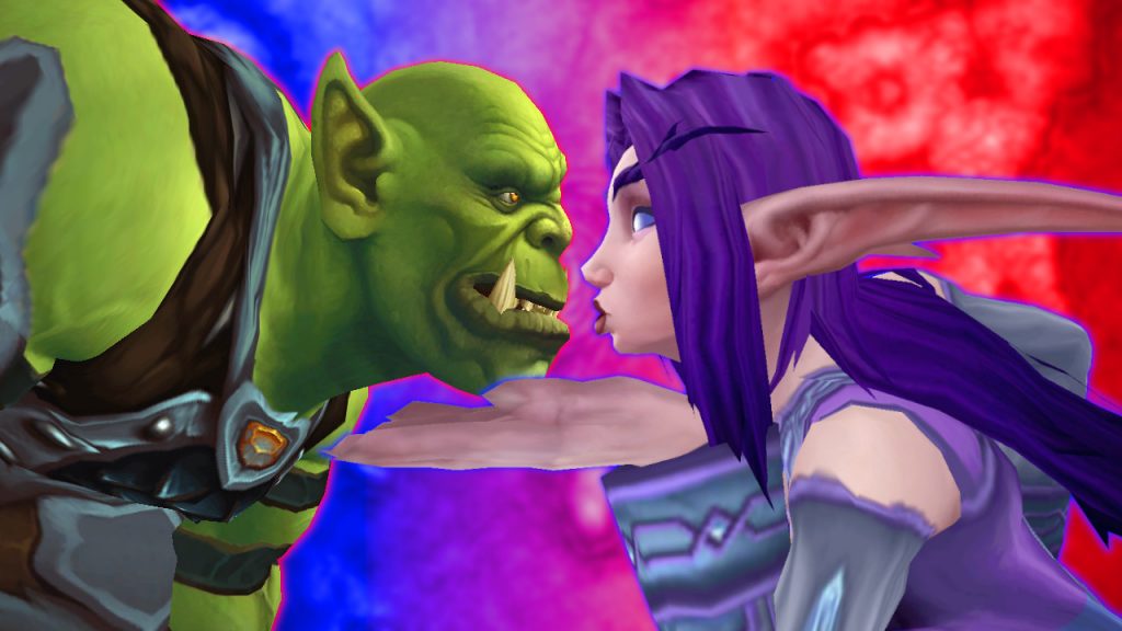 WoW Orc Male Night Elf Female Kiss red blue background cross faction play titel title 1280x720