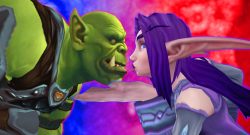 WoW Orc Male Night Elf Female Kiss red blue background cross faction play titel title 1280x720