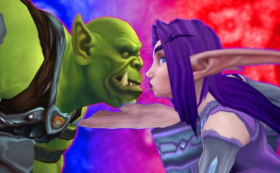 WoW Orc Male Night Elf Female Kiss red blue background cross faction play titel title 1280x720