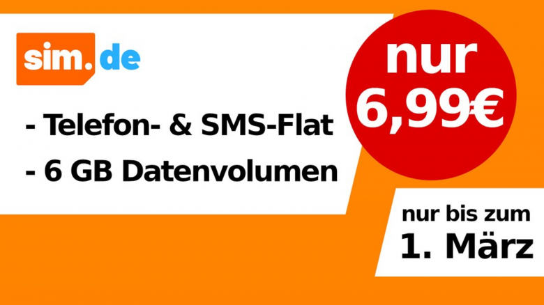 Nur 6,99 € im Monat: Handytarif mit 6 GB und Flatrate günstig bei Sim.de