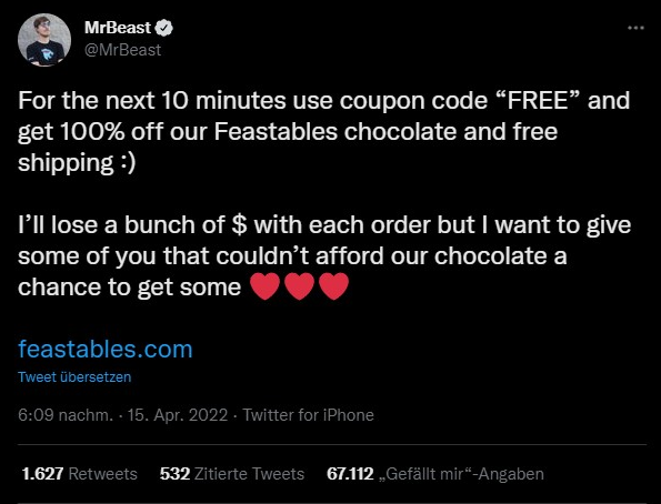 MrBeast Twitter Feastables Schokolade Giveaway