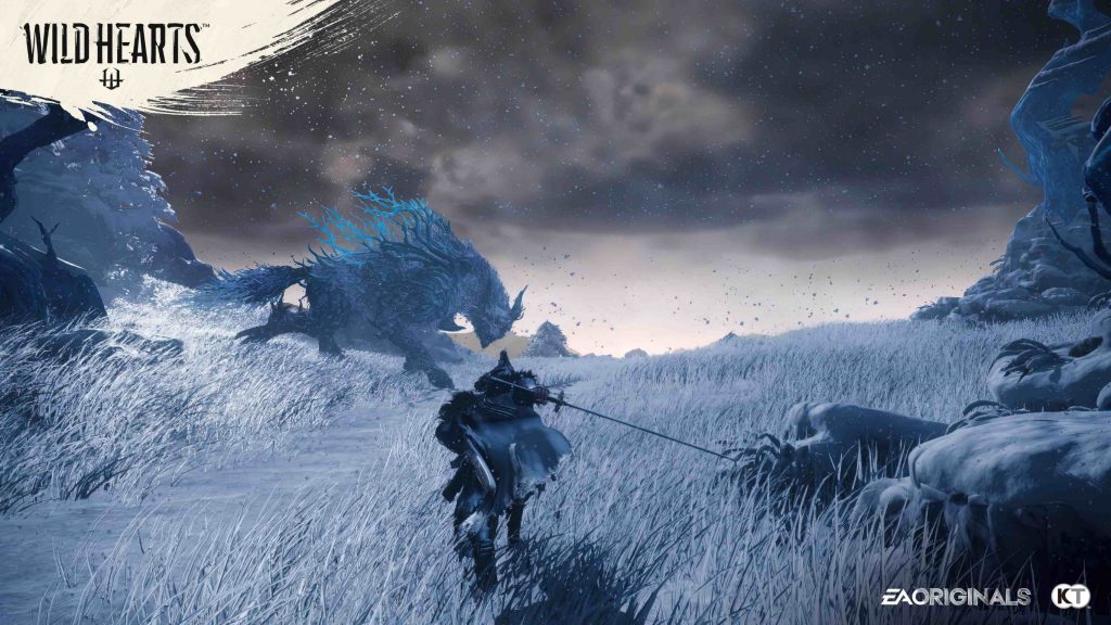 Screenshot von Wild Hearts im Winter, wenn der Jäger auf einen Eiswolf trifft