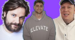 Gronkh, EliasN97 und MontanaBlack vor violettem Hintergrund