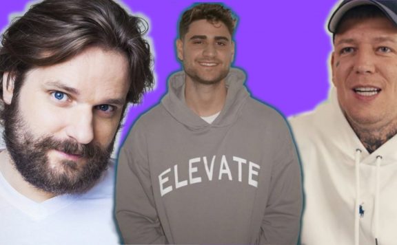 Gronkh, EliasN97 und MontanaBlack vor violettem Hintergrund