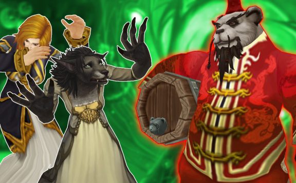 WoW Pandaren Holding Keg Human Worgen female cower titel title 1280x720