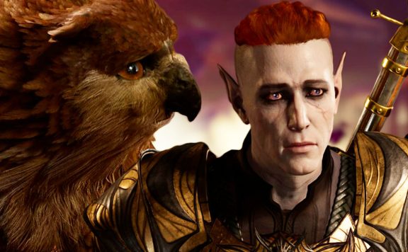 Baldurs Gate 3 Trauriges Eulenbärbaby und Drow Charakter