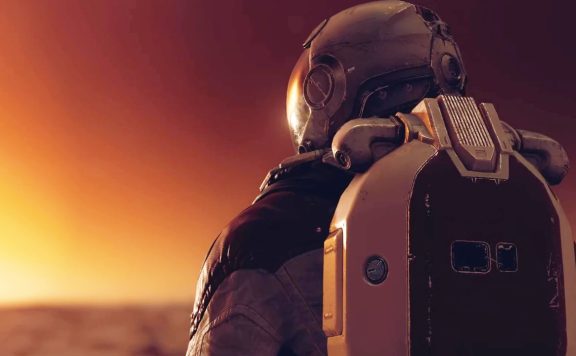 Starfield Astronaut orangener Horizont