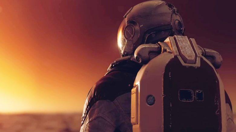 Starfield Astronaut orangener Horizont