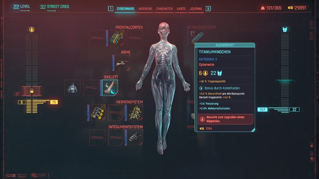Ein Screenshot aus Cyberpunk 2077, der das neue Cyberware-System zeigt.