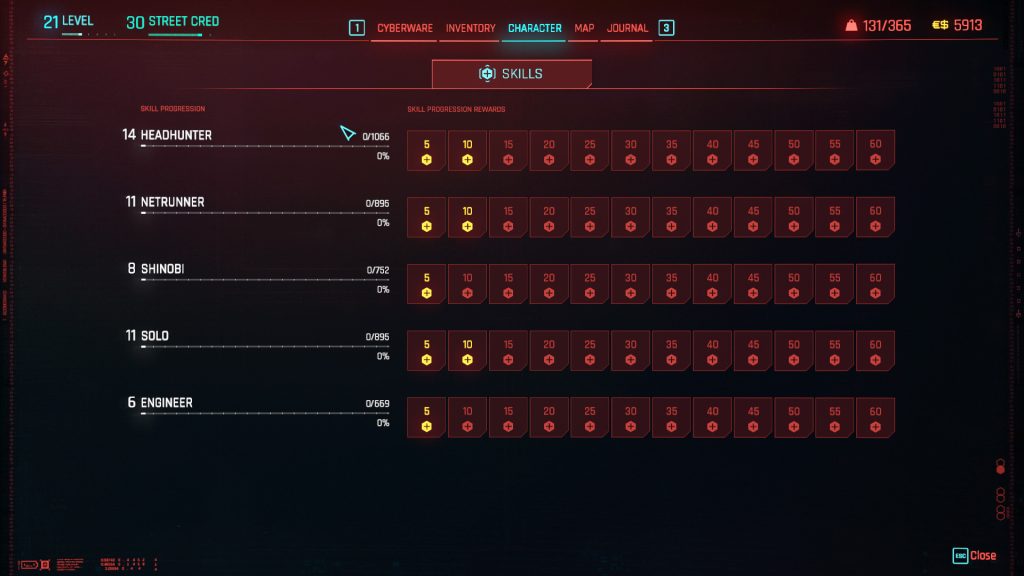 Ein Screenshot des Skill-Menüs aus dem Cyberpunk 2077 2.0 Update. 