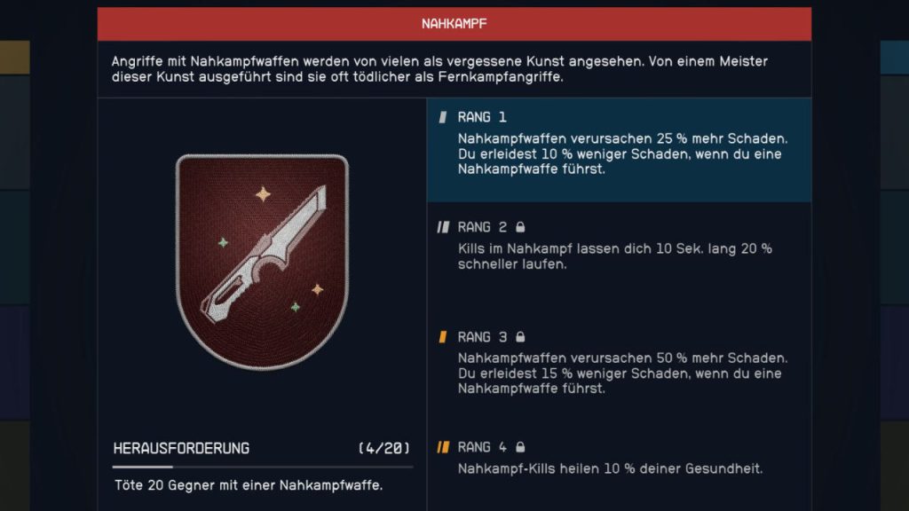 Starfield Nahkamf Skill Rang 1 bis 4