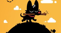 Stick to the Plan kleiner schwarzer Hund mit Stöckchen gelber Hintergrund