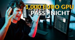 „Da habe ich mich verrechnet“ Gamer kauft eine Grafikkarte für 1.000 € und übersieht das wichtigste Detail Titelbild Gamer steckt wütend die Hände nach oben, auf dem Bild steht der Text 1.000 Euro GPU Passt nicht