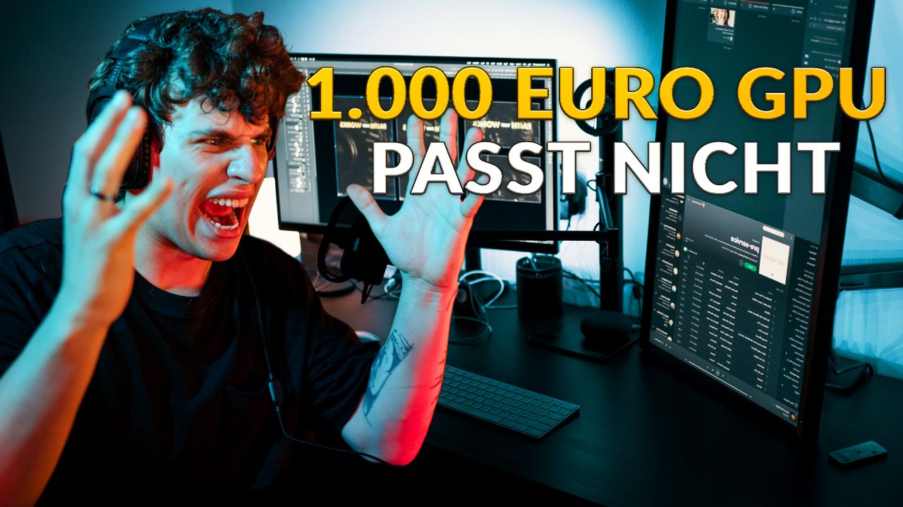 „Da habe ich mich verrechnet“ Gamer kauft eine Grafikkarte für 1.000 € und übersieht das wichtigste Detail Titelbild Gamer steckt wütend die Hände nach oben, auf dem Bild steht der Text 1.000 Euro GPU Passt nicht