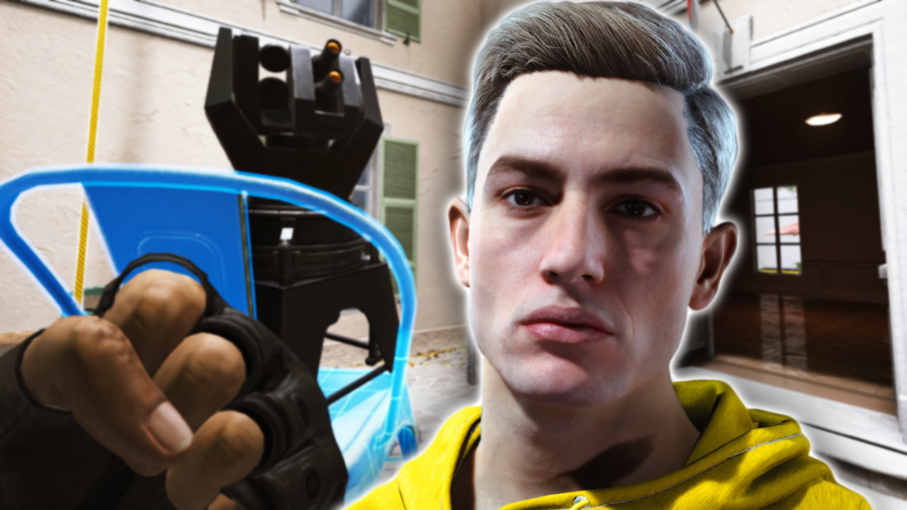 The Finals Spieler-Charakter Mittel und APS-Turm auf einem Stuhl