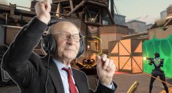 Collage älterer Herr tanzt mit Kopfhöhrer vor Valorant